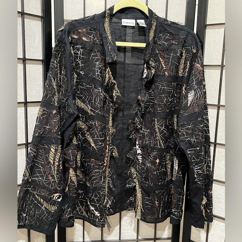 Chico's Elegant Black Cotton/SILK Blend WHISPY TATTERED UNIQUE JACKET SIZE 3(16) - Picture 7 of 12